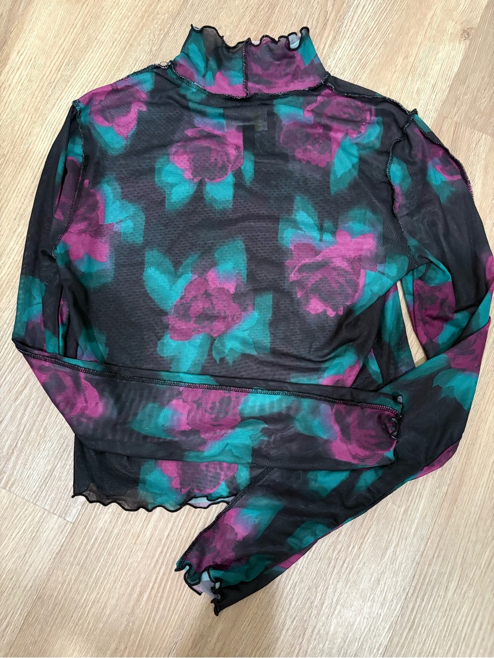 BP.+ Wildfang Sheer Mesh Long Sleeve Crop Top - Teal/Pink/Black Floral Small EUC